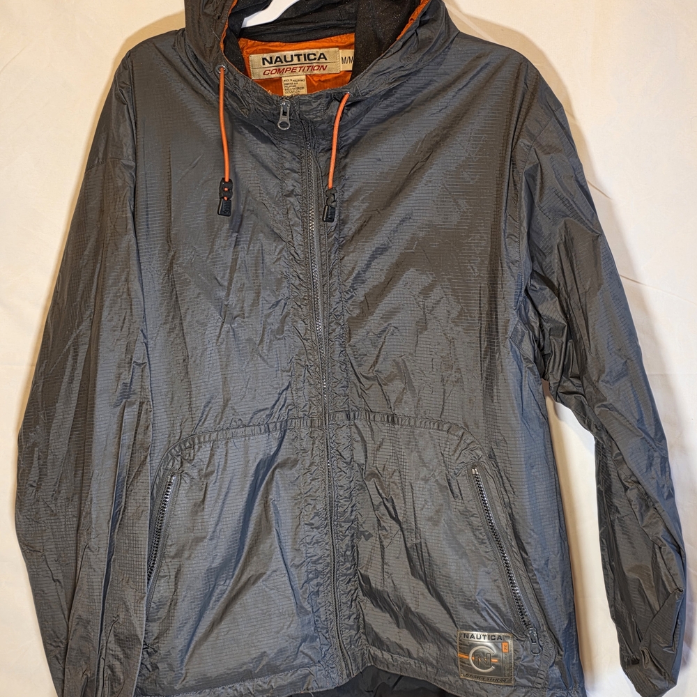 Vintage Nautica Men's Gray Jacket with Orange Accents Men's Medium